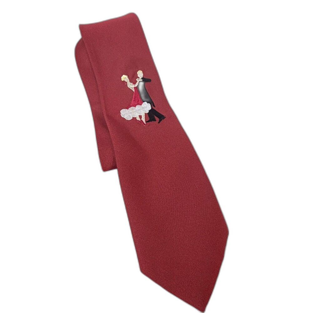 RARE Vintage Couple Dancing Embroidered Necktie Red 3.5" Ballroom Dancing USA